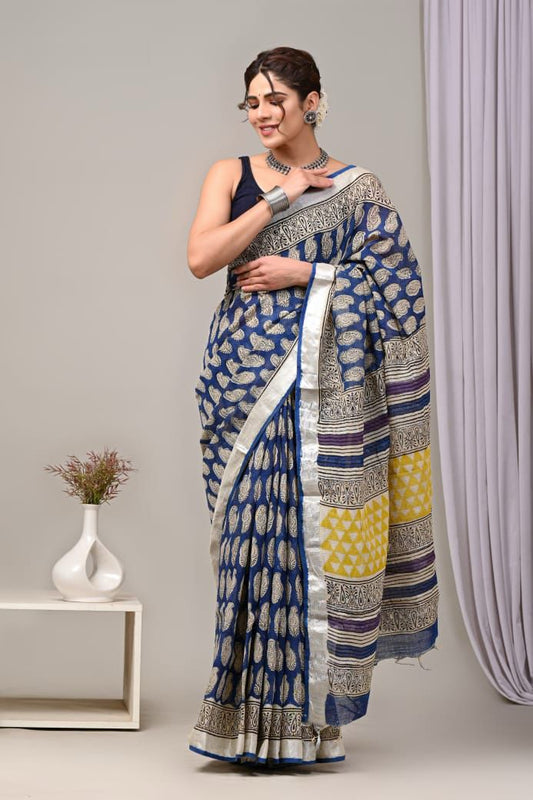 HAND BLOCK PRINTED COTTON LINEN SAREE WITH BLOUSE (LCS1)