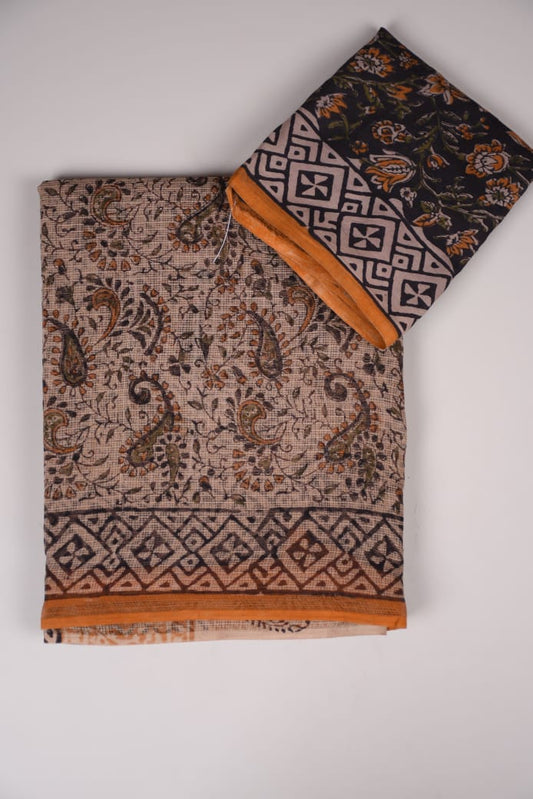 HAND BLOCK KALAMKARI BAGRU PRINTED KOTA DORIYA SAREE WITH MULMUL BLOUSE (KDS3)