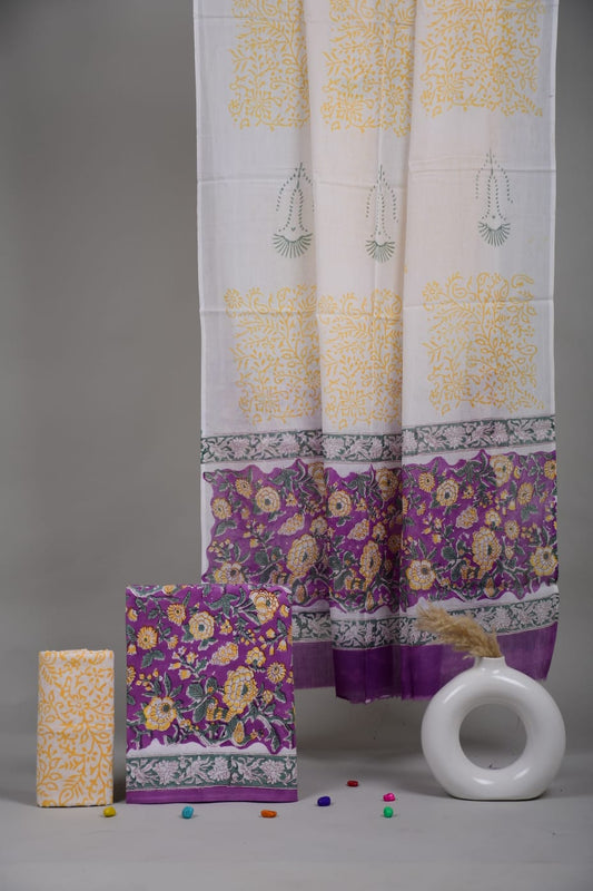HAND BLOCK PRINTED COTTON 3-PIS SUIT WITH MULMUL DUPPATA (CMS2)