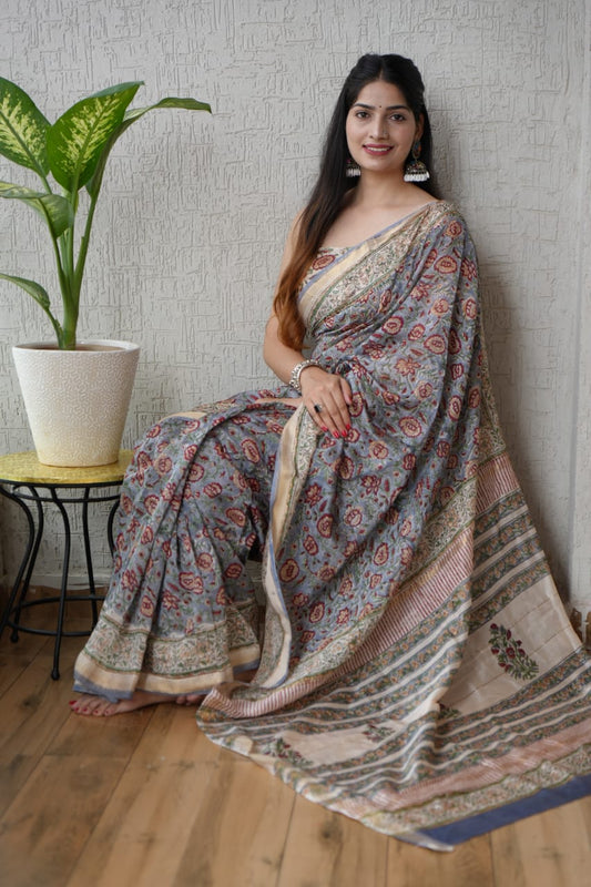 Jaipuri Hand Block Bagru Printed Maheshwari Silk Saree With Blouse (MSS1)