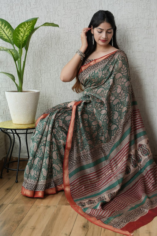 Jaipuri Hand Block Bagru Printed Maheshwari Silk Saree With Blouse (MSS4)