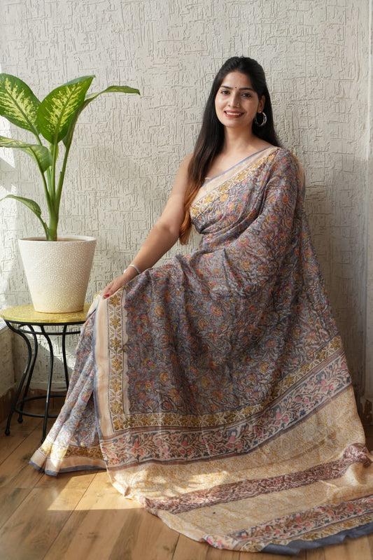 Jaipuri Hand Block Bagru Printed Maheshwari Silk Saree With Blouse (MSS9)