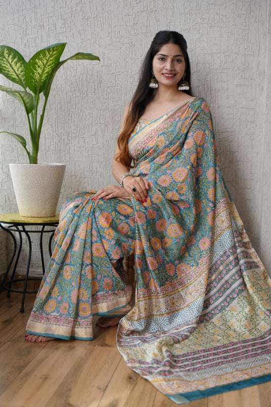 Jaipuri Hand Block Bagru Printed Maheshwari Silk Saree With Blouse (MSS13)