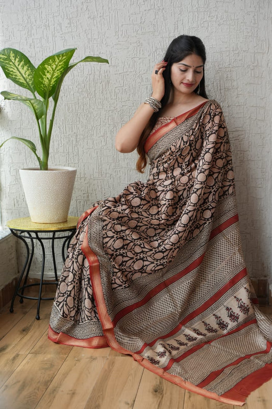 Jaipuri Hand Block Bagru Printed Maheshwari Silk Saree With Blouse (MSS14)