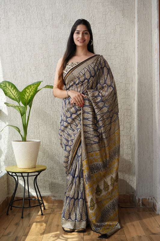 Bagru Hand Block Printed Chanderi Silk Saree with Blouse (CSS26)