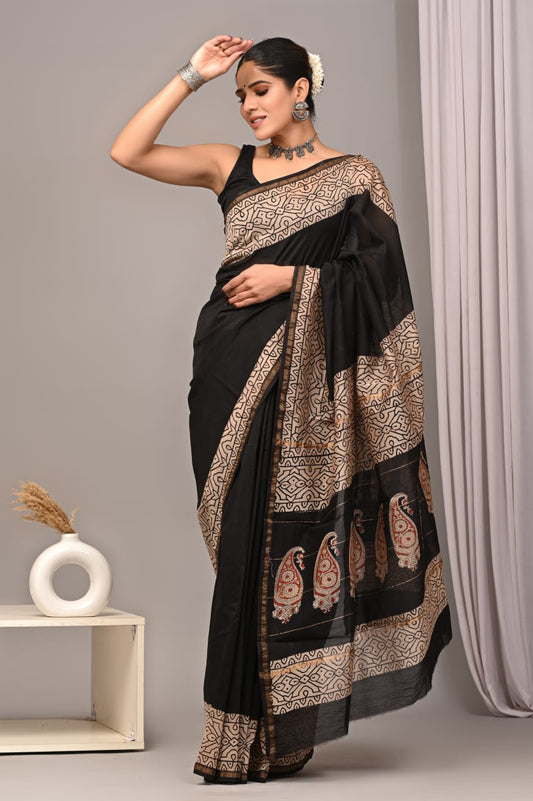 Bagru Hand Block Printed Chanderi Silk Saree with Blouse (CSS20)
