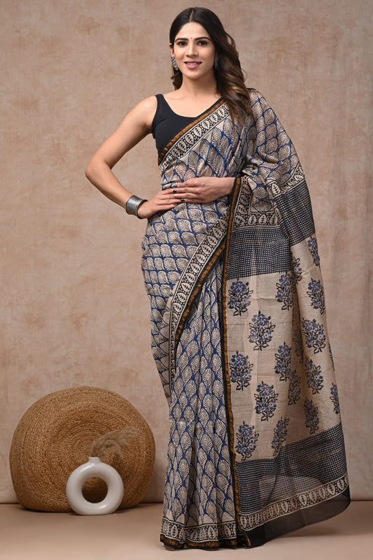 Bagru Hand Block Printed Chanderi Silk Saree with Blouse (CSS23)