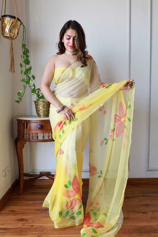Hand Brush Painted Chiffon Saree with Blouse ( CIA2)
