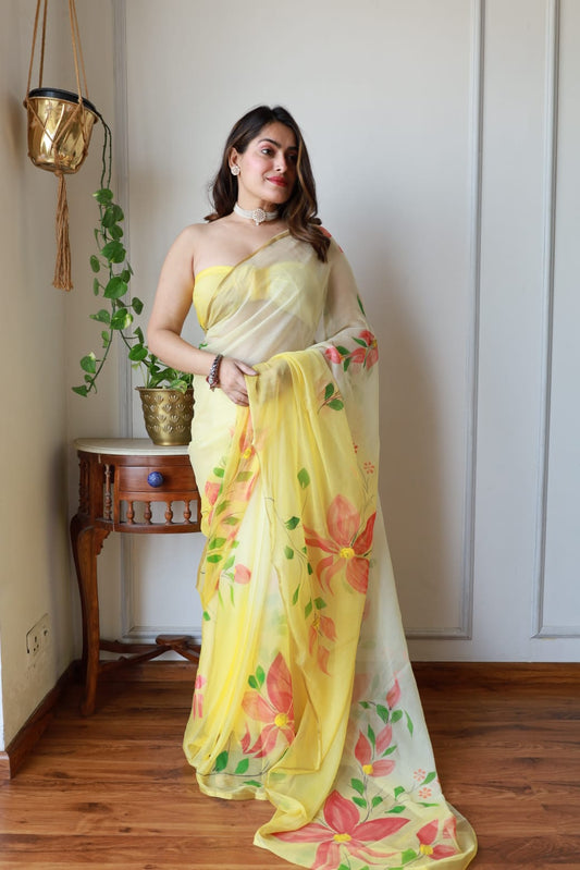Hand Brush Painted Chiffon Saree with Blouse ( CIA3)