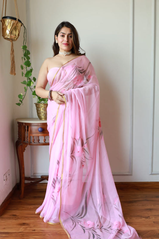 Hand Brush Painted Chiffon Saree with Blouse ( CIA5)