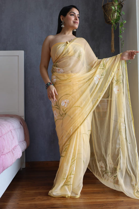 Hand Brush Painted Chiffon Saree with Blouse ( CIA9)