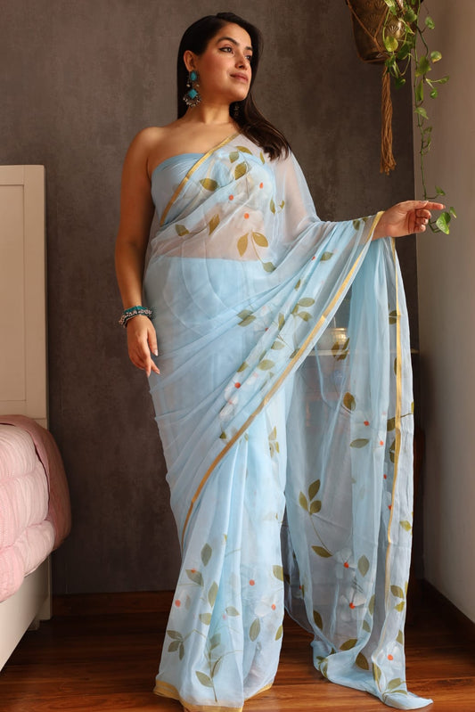 Hand Brush Painted Chiffon Saree with Blouse ( CIA10)