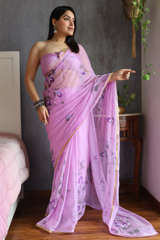 Hand Brush Painted Chiffon Saree with Blouse ( CIA11)