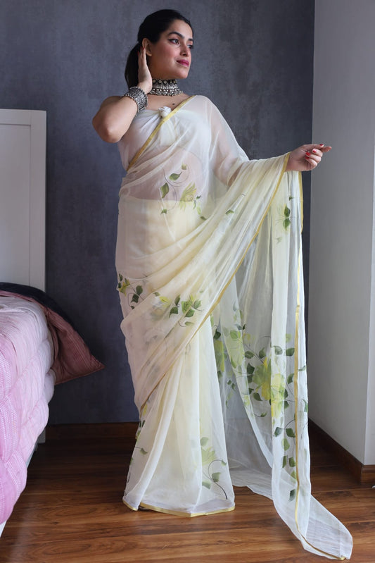 Hand Brush Painted Chiffon Saree with Blouse ( CIA13)