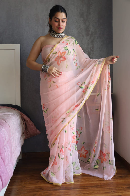 Hand Brush Painted Chiffon Saree with Blouse ( CIA16)