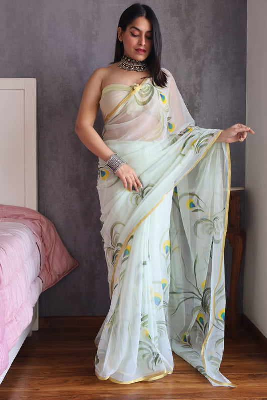 Hand Brush Painted Chiffon Saree with Blouse ( CIA18)