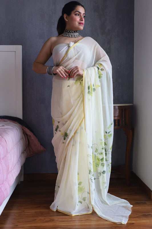Hand Brush Painted Chiffon Saree with Blouse ( CIA12)