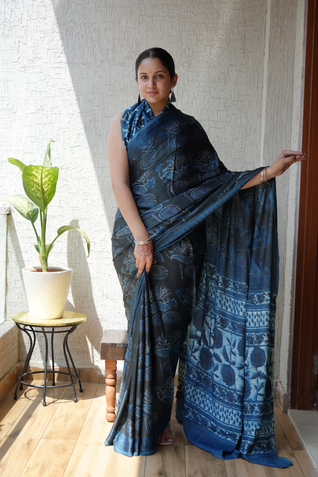 Ajrakh Hand Block Bagru Vanspati Printend Modal Silk Saree with Blouse (CID10)
