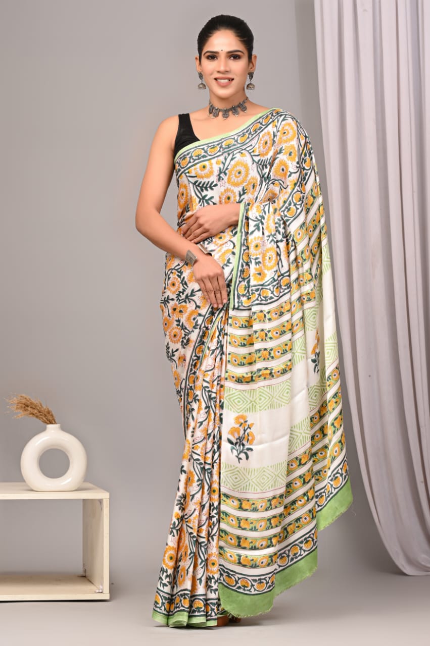 Ajrakh Hand Block Bagru Vanspati Printend Modal Silk Saree with Blouse (CID14)