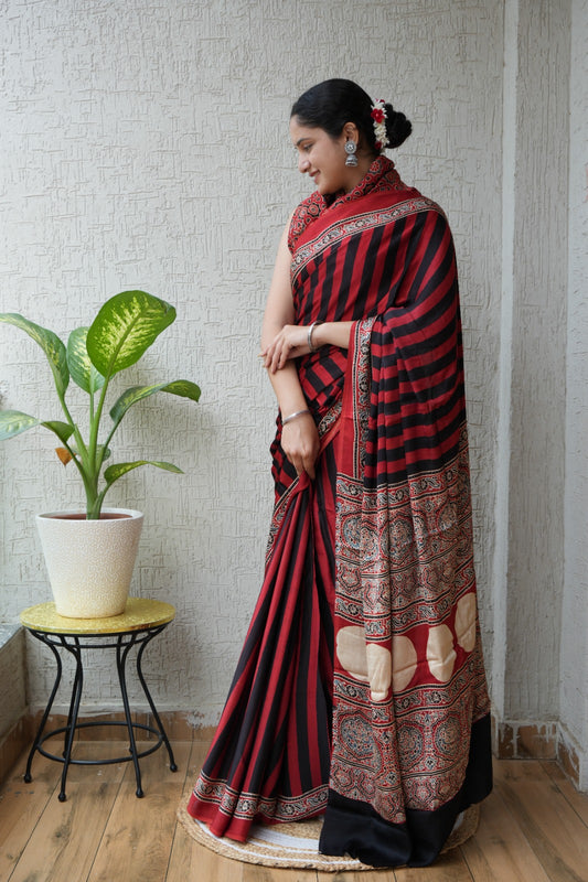 HAND BLOCK PRINTED AJARKH MODAL SILK SAREE (CIG2)