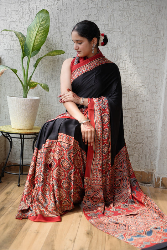 HAND BLOCK PRINTED AJARKH MODAL SILK SAREE (CIG5)