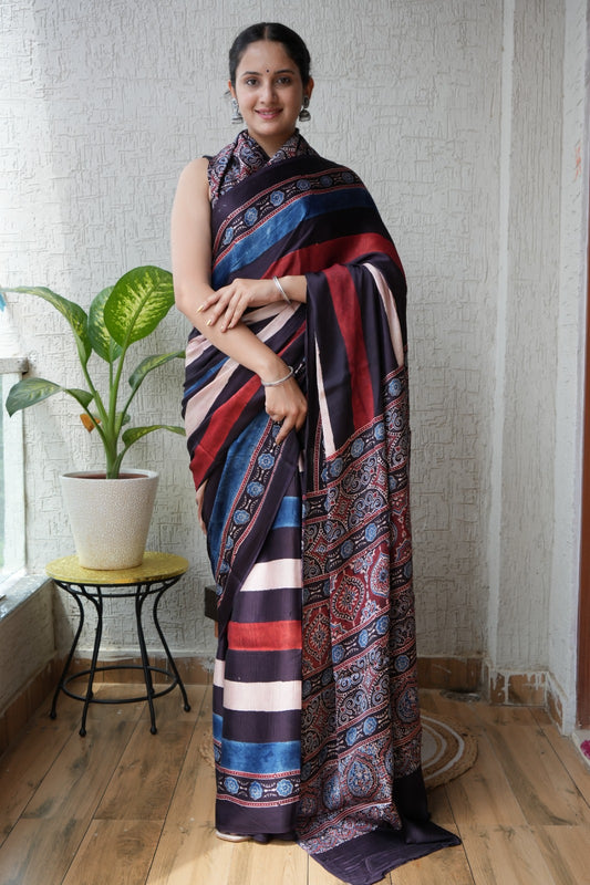 HAND BLOCK PRINTED AJARKH MODAL SILK SAREE (CIG6)