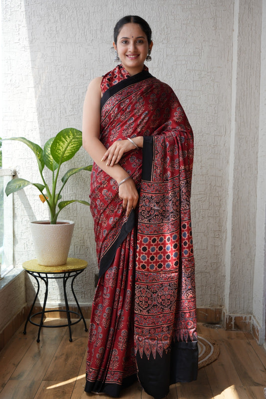 HAND BLOCK PRINTED AJARKH MODAL SILK SAREE (CIG11)