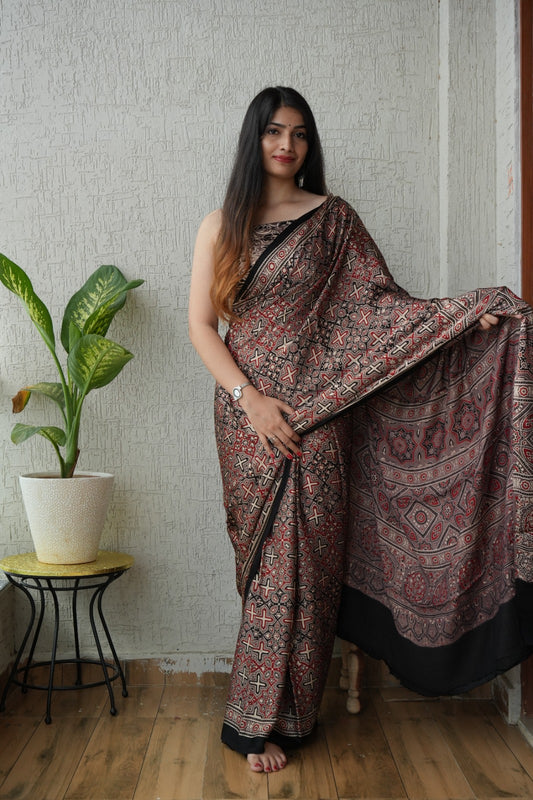 HAND BLOCK PRINTED AJARKH MODAL SILK SAREE (CIG19)