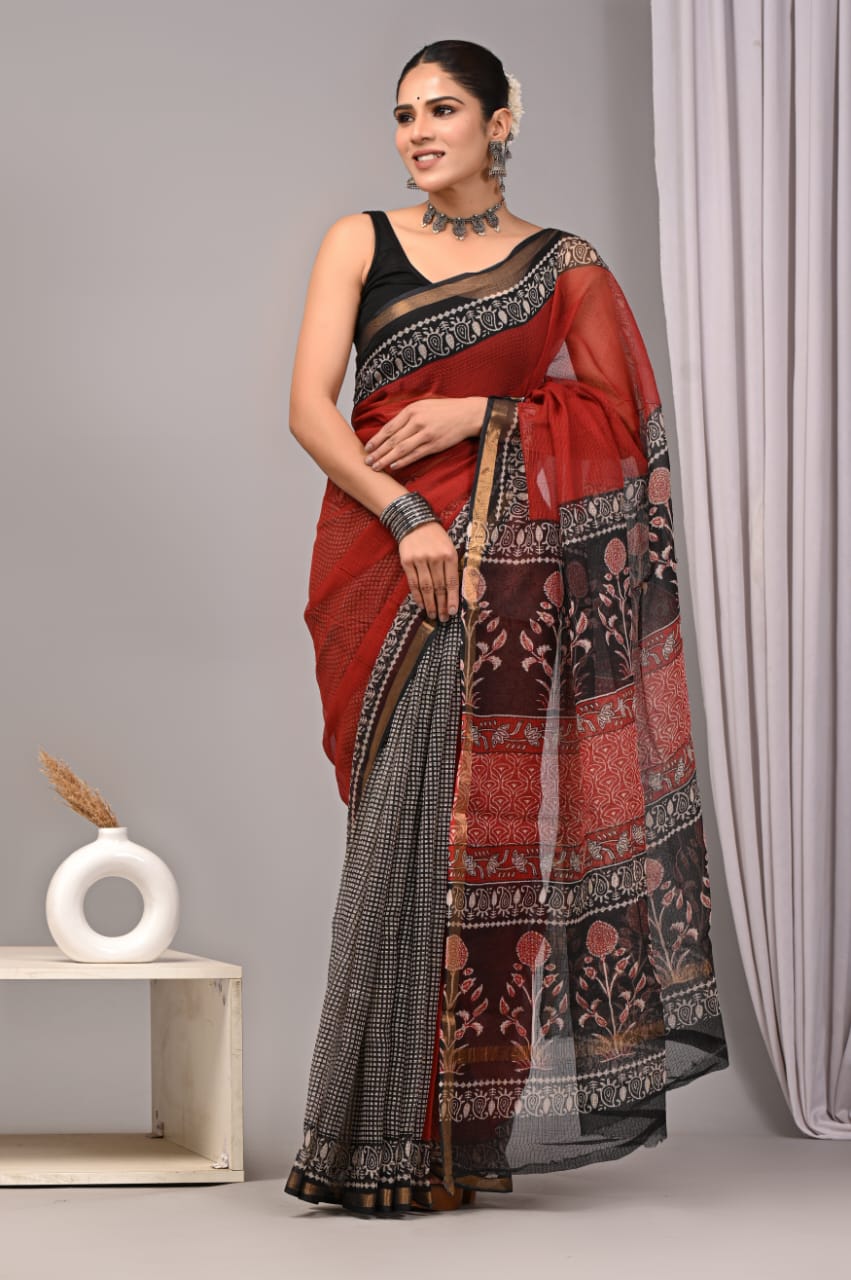 Jaipuri Block Printed Cotton Kota Doriya Saree (CIS1)