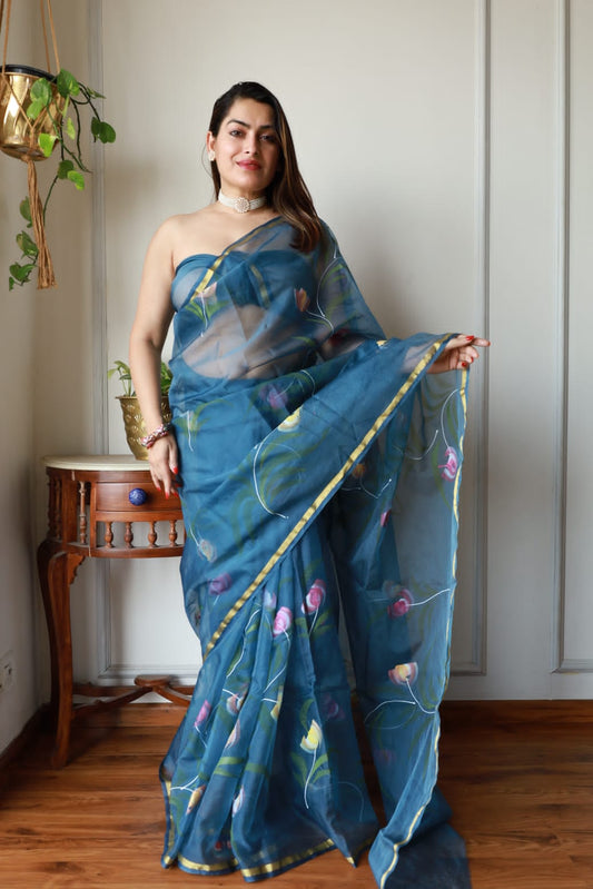HAND BURSH PAINTED ORGANZA SILK SAREE WITH BLOUSE (CIB1)
