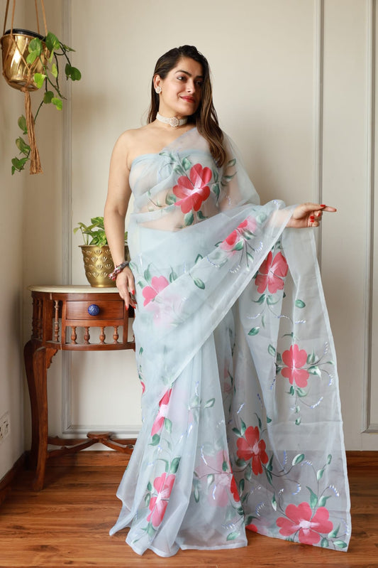 HAND BURSH PAINTED ORGANZA SILK SAREE WITH BLOUSE (CIB2)