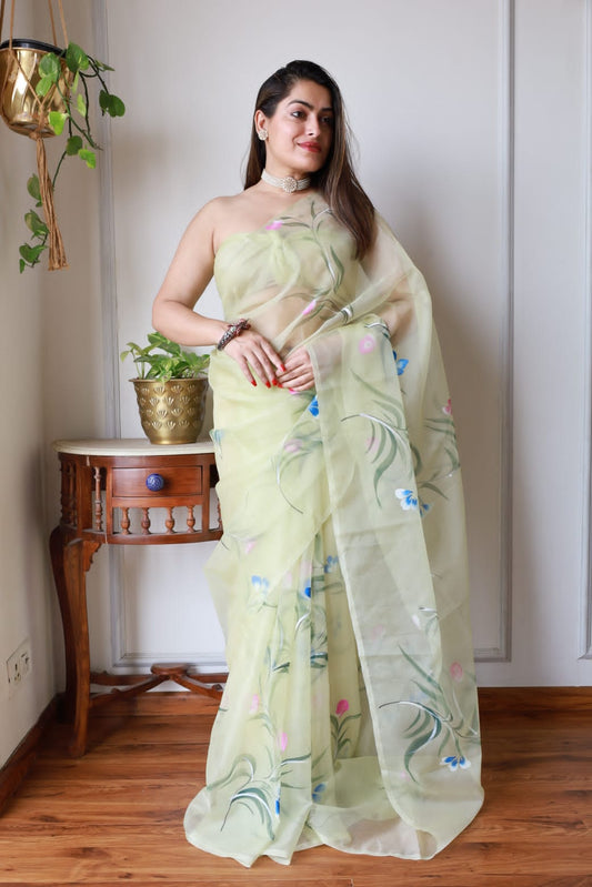 HAND BURSH PAINTED ORGANZA SILK SAREE WITH BLOUSE (CIB3)