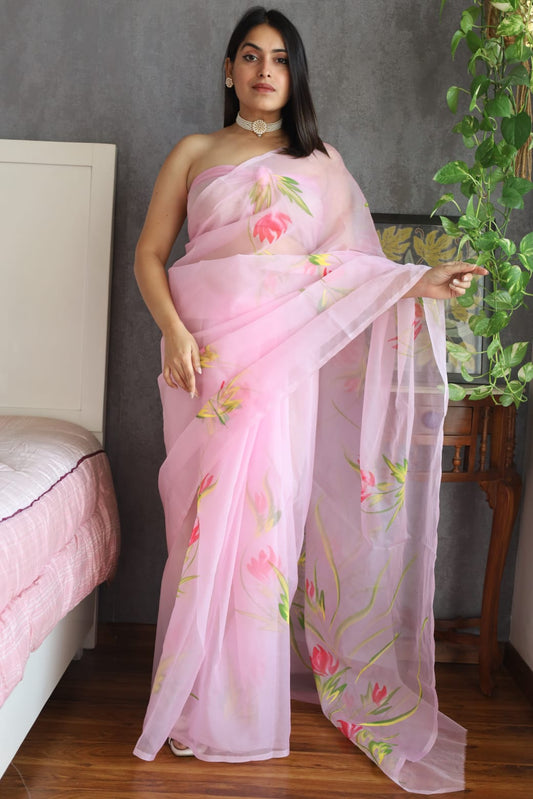 HAND BURSH PAINTED ORGANZA SILK SAREE WITH BLOUSE (CIB7)