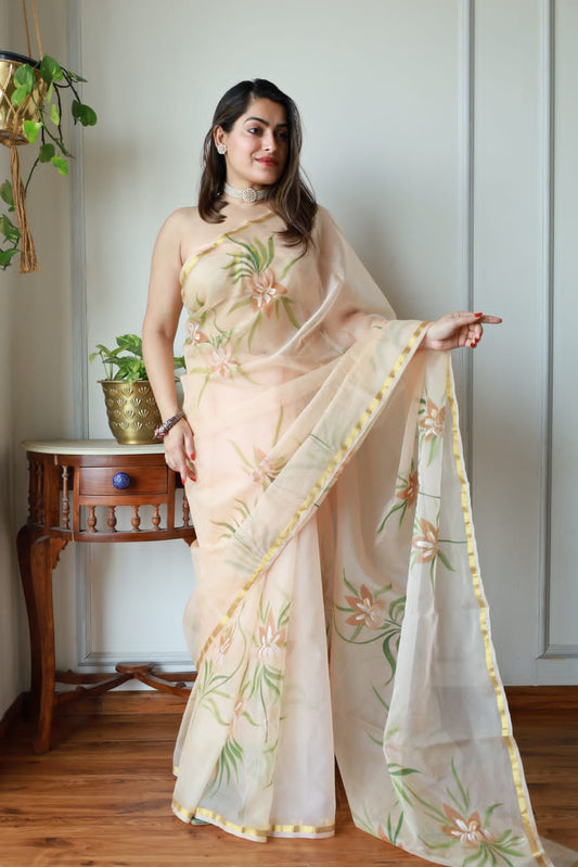 HAND BURSH PAINTED ORGANZA SILK SAREE WITH BLOUSE (CIB8)