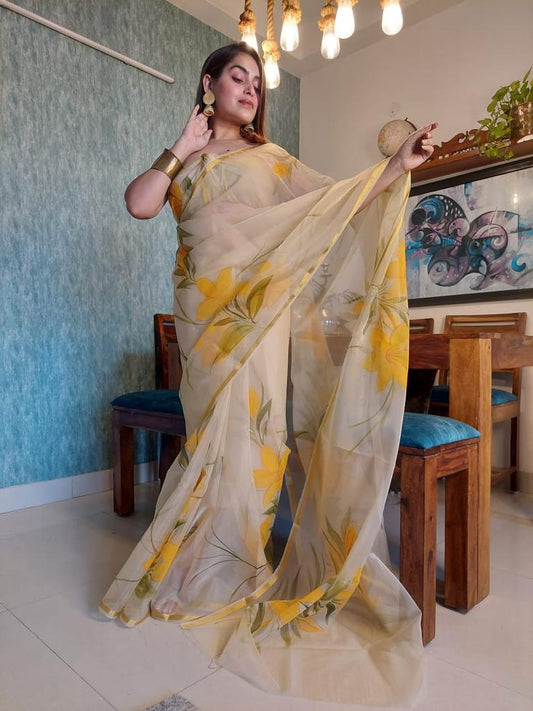 HAND BURSH PAINTED ORGANZA SILK SAREE WITH BLOUSE (CIB10)