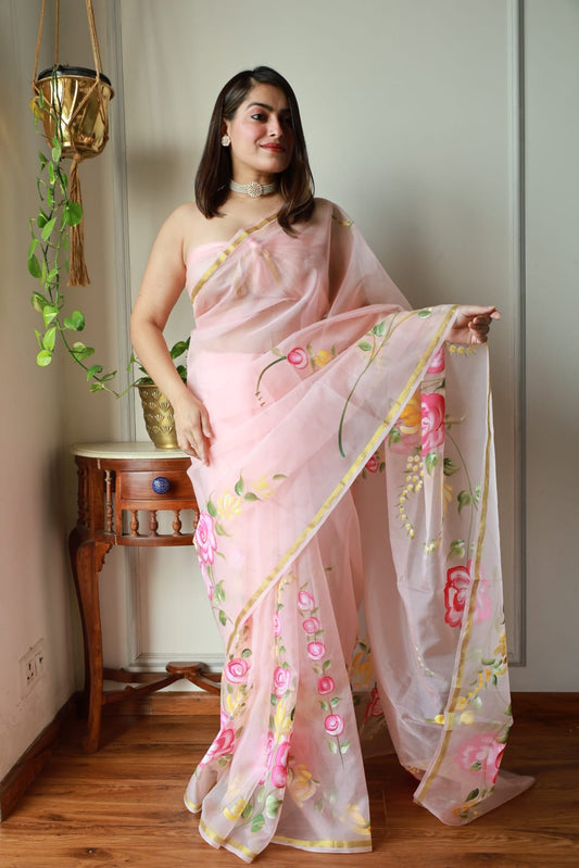 HAND BURSH PAINTED ORGANZA SILK SAREE WITH BLOUSE (CIB21)