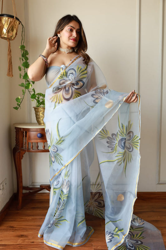 HAND BURSH PAINTED ORGANZA SILK SAREE WITH BLOUSE (CIB23)