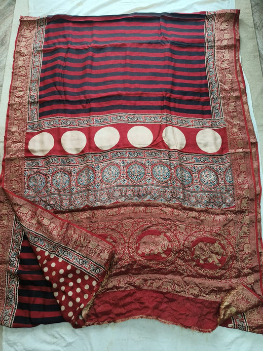 AJRAKH PRINTED PURE DOLA SILK SAREE WITH BLOUSE (MS2)