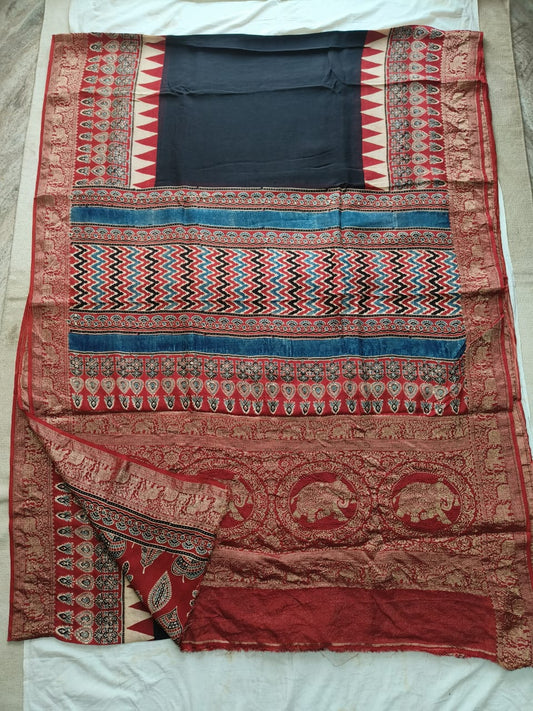 AJRAKH PRINTED PURE DOLA SILK SAREE WITH BLOUSE (MS3)