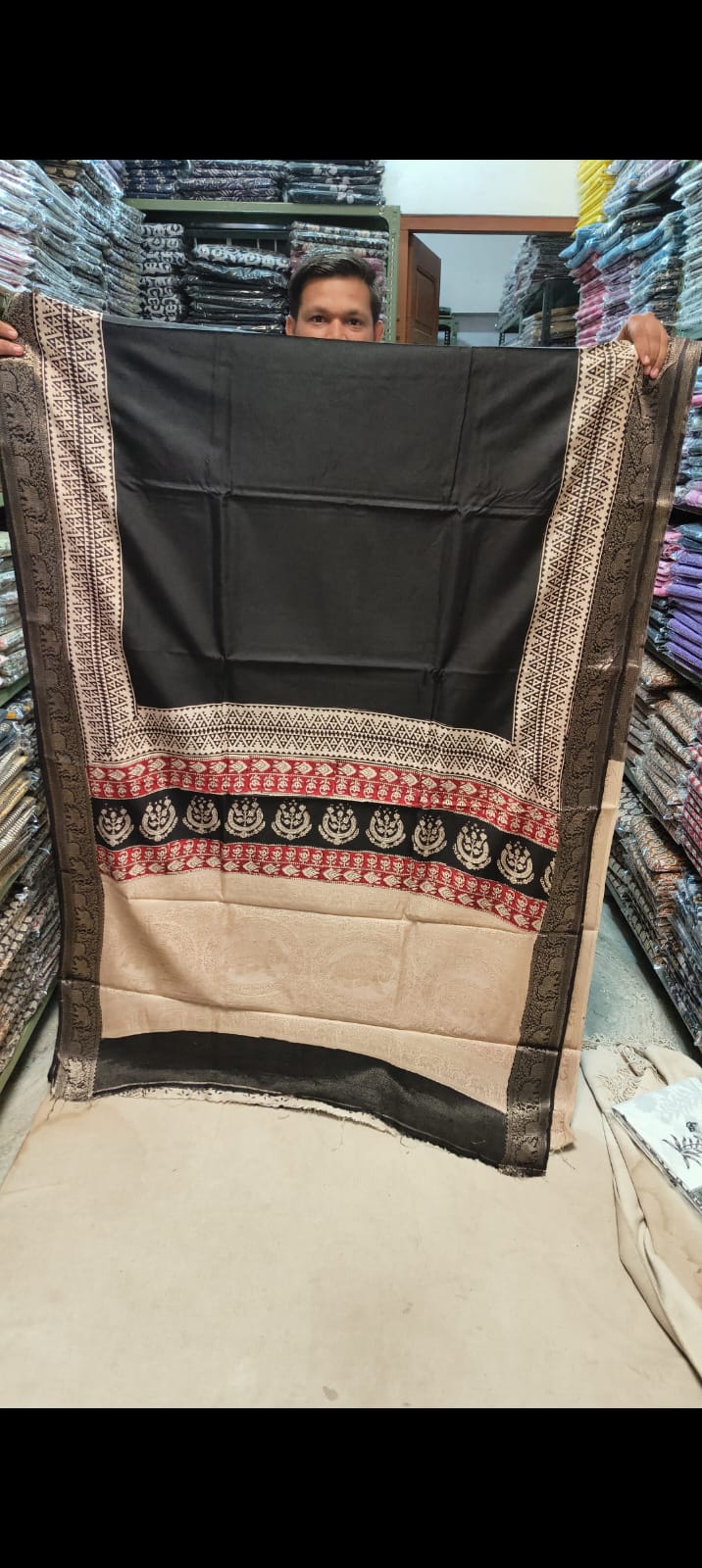 AJRAKH PRINTED PURE DOLA SILK SAREE WITH BLOUSE (MS5)