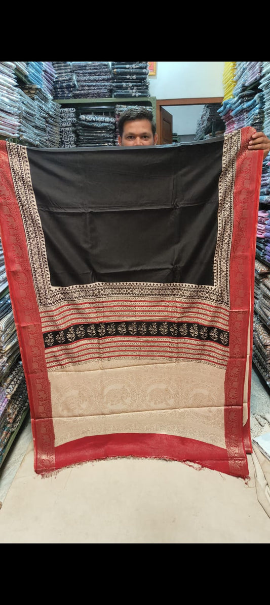 AJRAKH PRINTED PURE DOLA SILK SAREE WITH BLOUSE (MS6)