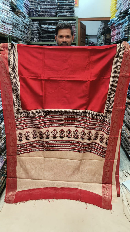 AJRAKH PRINTED PURE DOLA SILK SAREE WITH BLOUSE (MS7)