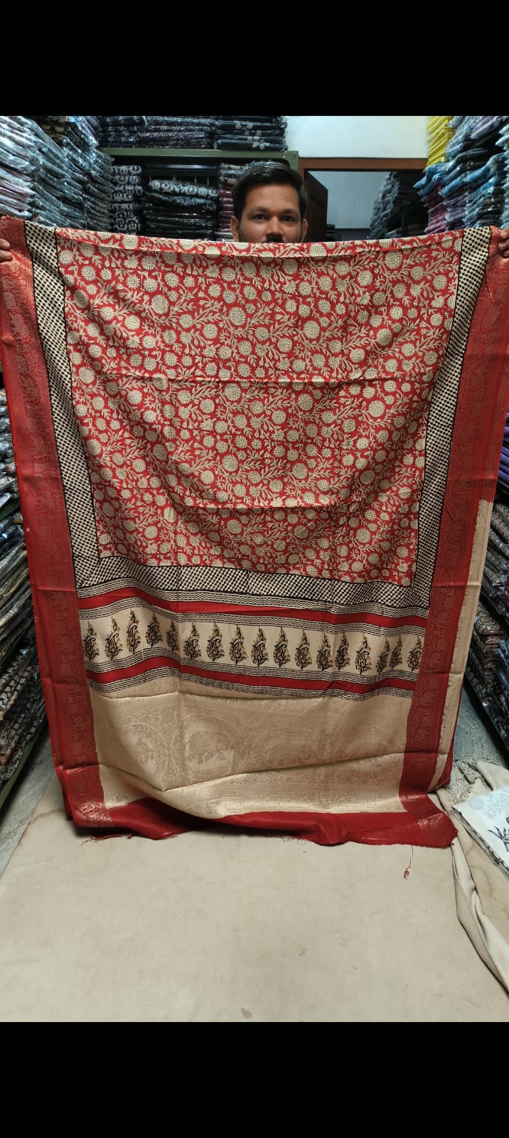 AJRAKH PRINTED PURE DOLA SILK SAREE WITH BLOUSE (MS10)