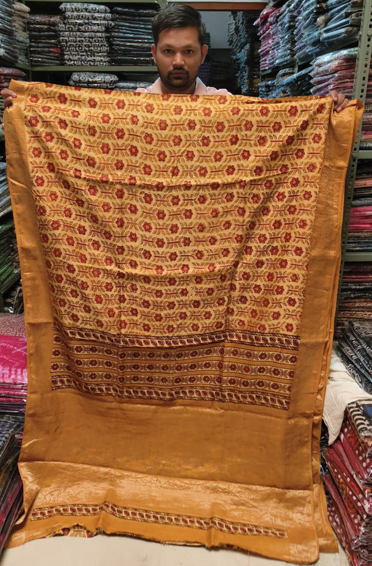 AJRAKH PRINTED PURE DOLA SILK SAREE WITH BLOUSE (MS11)