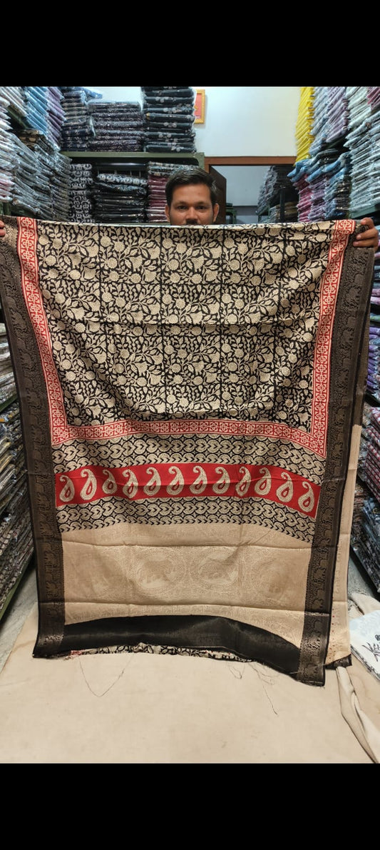 AJRAKH PRINTED PURE DOLA SILK SAREE WITH BLOUSE (MS13)