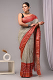 HAND BLOCK BAGRU PRINTED ART SILK CHANDERI SAREE WITH BLOUSE (CIH8)