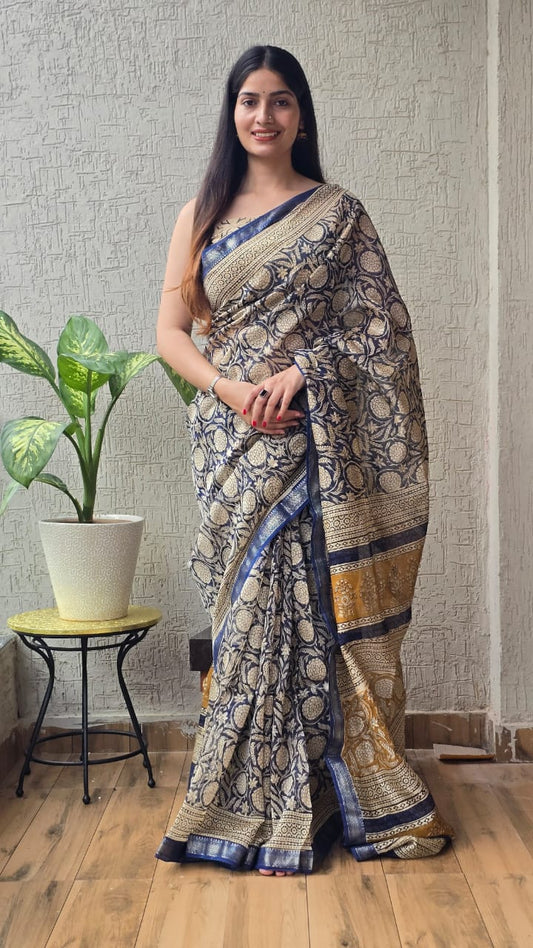 Jaipuri Hand Block Bagru Printed Maheshwari Silk Saree With Blouse (MSS17)