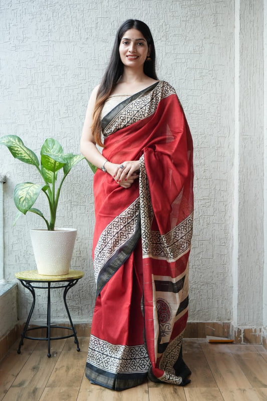 Jaipuri Hand Block Bagru Printed Maheshwari Silk Saree With Blouse (MSS21)