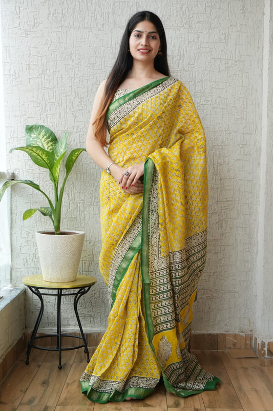 Jaipuri Hand Block Bagru Printed Maheshwari Silk Saree With Blouse (MSS23)