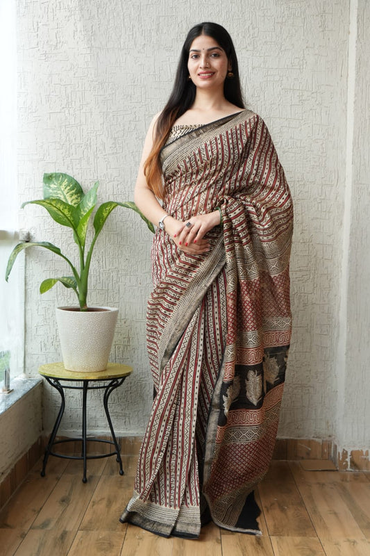 Jaipuri Hand Block Bagru Printed Maheshwari Silk Saree With Blouse (MSS25)